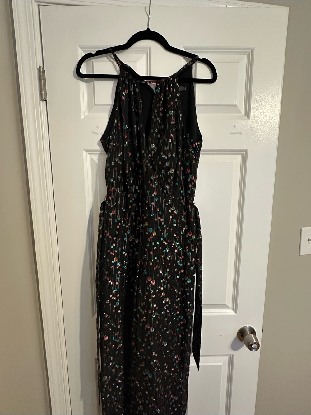 NWT - Eva Franco Anthropologie Rainbow Swiss Dot Black Metallic Halter Jumpsuit